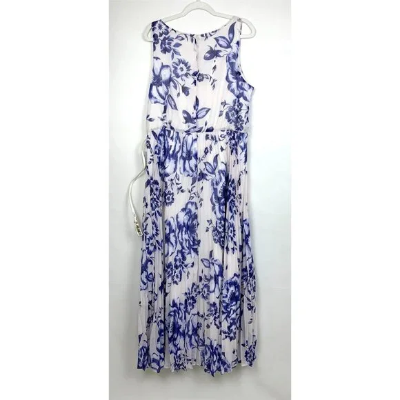 NWT Eliza J Pleated Floral Sleeveless Chiffon Belted Maxi Dress Cobalt Blue 18 - Picture 9 of 11